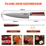 FUJUNI Damastmesser Profi Kochmesser Mit Extrem Scharf 20 cm Klinge Aus 67 Lagen VG10 Damaststahl Küchenmesser, Holzgriff, Geschenkbox